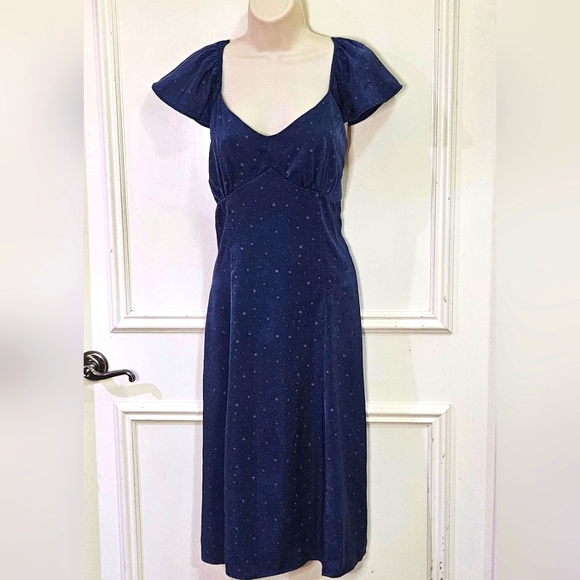 Lark + Grey Navy Blue/Brown Star Print Flutter Sleeve Midi Dress,Large - Picture 4 of 16